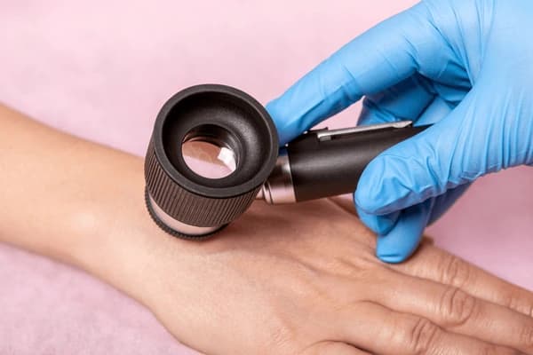 Ārsta cimdotā roka izmeklē pacienta plaukstas ādu ar dermatoskopu dzimumzīmju pārbaudes laikā.